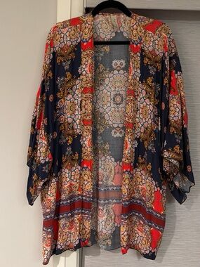 Allison Joy Paisley Open-Front Kimono - Navy & Red